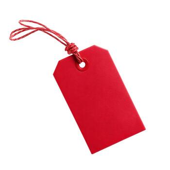 aislado vívido escarlata etiqueta con cuerda en contra un prístino blanco fondo en un estudio ajuste ver foto