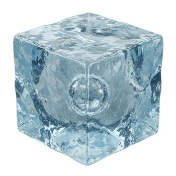 A single translucent ice cube showing internal texture and imperfections on a plain white background photo