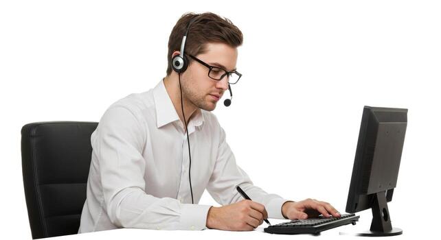 Man with glasses and headset working at computer while writing on paper in a white background studio shot photo