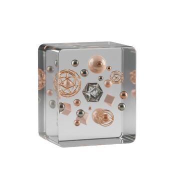 A clear cube containing metallic spheres geometric shapes and wireframe structures inside a transparent box photo