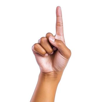 A single brown hand with the index finger pointing upwards on a plain white studio background image view photo