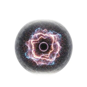 A spherical object with a glowing center surrounded by a dark textured outer layer and bright light photo