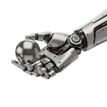 A robotic arm holding a silver ball in its open palm against a plain white studio background image view photo