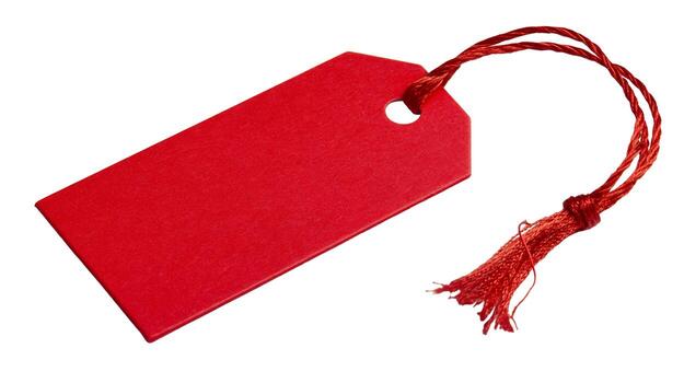 A vibrant red tag with a string attached isolated on a clean white background for product labeling use photo