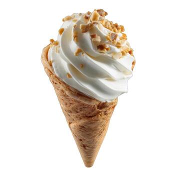 A single vanilla ice cream cone with chopped nuts on top isolated on a white plain background view photo