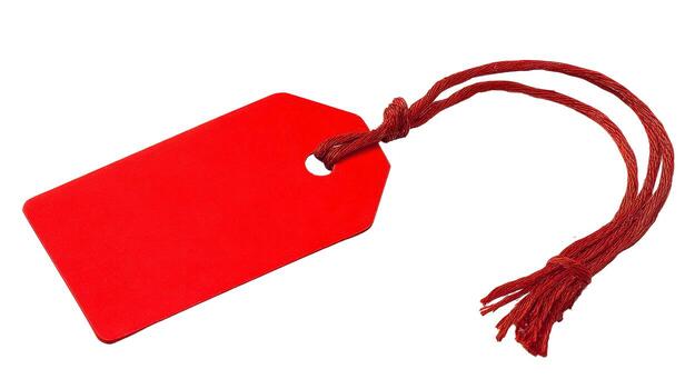A vibrant crimson tag with a string attached resting on a pristine white surface in a studio setting photo