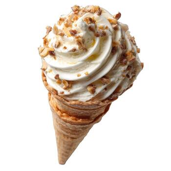 A single ice cream cone with vanilla soft serve and chopped nuts on a plain white background photo
