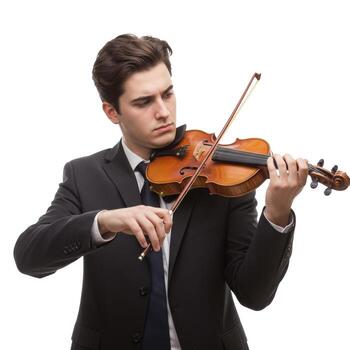 Man in suit playing violin with focused expression against a plain white studio background portrait view photo