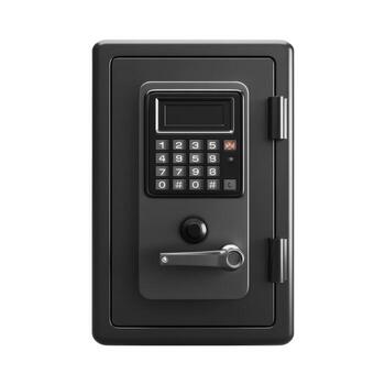 A close up view of a dark metallic safe with a digital keypad and a handle on a white background photo