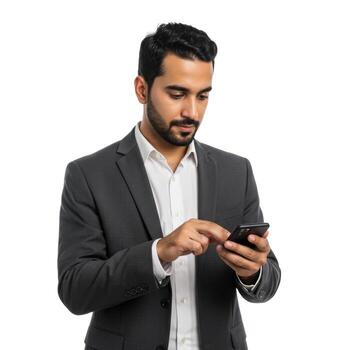 A man in a suit is looking down at a mobile device while using his finger to interact with the screen photo