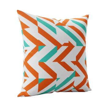 A square pillow with a white background and a pattern of orange and aqua geometric shapes on the front photo