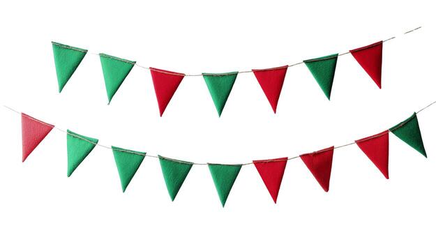 Two strings of triangular flags alternating red and green hanging on a white background in a studio shot photo