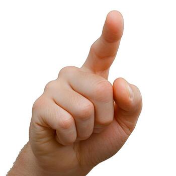 Close up of a hand with the index finger pointing up on a white background in a studio setting shot photo