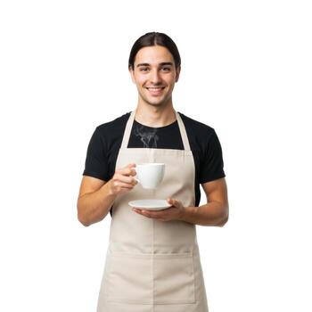 Man wearing apron holding a cup and saucer smiling on a white background in a studio setting photo
