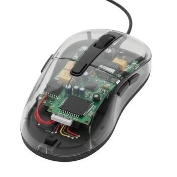 A transparent computer mouse showing the internal circuit board and electronic components on a white backdrop photo
