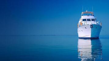 Majestic White Yacht Anchored in Deep Blue Serene Waters. photo