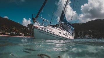 Serene Sailboat Anchored Near Lush Tropical Island Coastline. photo
