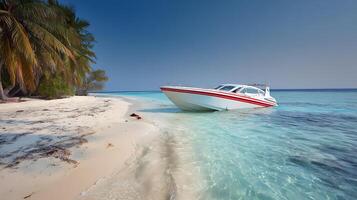 Luxury Speedboat Anchored on a Pristine Tropical Island Beach Paradise photo