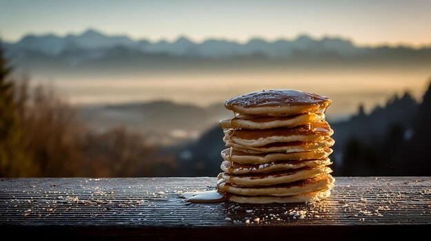 Stack of delicious pancakes with syrup on rustic wooden table with mountain view photo