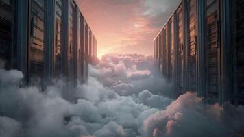 futurista dados centros subir acima sonhe como nuvens às nascer do sol. video