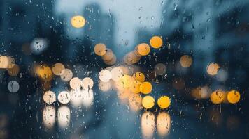 fängslande bokeh lampor på en regnig fönster Ruta skapa en lynnig atmosfär. video