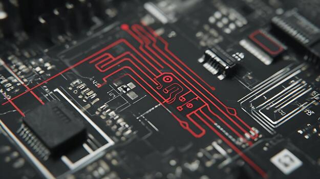 Macro view of a red circuit board with intricate pathways. photo