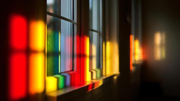 Rainbow light patterns through a window create a colorful, vibrant scene. photo