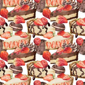 tarta de queso rebanada con fresa baya y jarabe chorrito Adición, chocolate macaron mano dibujado en acuarela. aislado postre sin costura modelo para menú diseños, comida blogs, embalaje, imprimibles. vector