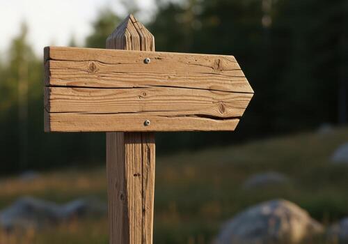 Rustic wooden arrow signpost in a forest setting photo