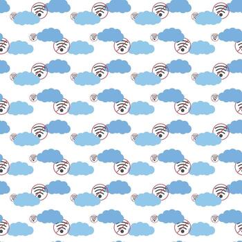 Internet free seamless pattern for vacation designs using crossed wireless symbols across clouds vector