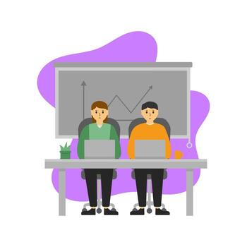 Flat Illustration of Two Office Workers Working with Laptops, Presentation Boards, and Charts. Suitable for Teamwork, Business, dan Office vector
