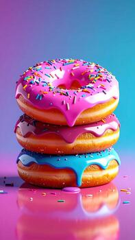 Three colorful glazed donuts stacked high, dripping with vibrant pink, purple, and blue icing, creating a visually appealing and delicious display against a gradient backdrop. photo