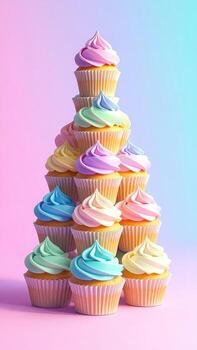A delightful array of colorful cupcakes arranged in a whimsical tower against a vibrant pink and blue gradient background. photo