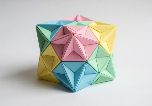Geometric origami cube sculpture with pastel hues displayed on a simple surface Origami Design photo