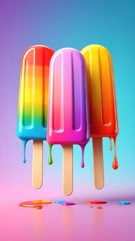 Three colorful ice pops with dripping colorful icing display a vibrant, joyful summer theme against a soft gradient background. photo