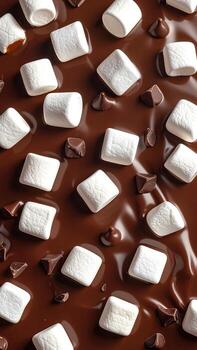 Melted chocolate, squares of marshmallows, and chocolate chips arranged in a visually appealing pattern. photo