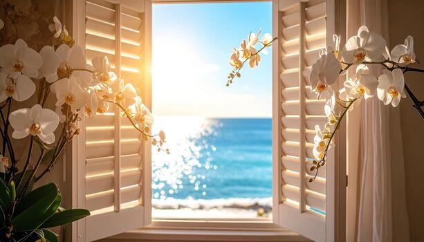 Sunlight streams through a window with white shutters, illuminating a view of the ocean and white orchids. photo