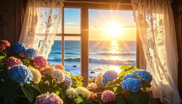 un hermosa marina ver mediante un ventana adornado con delicado cordón cortinas, exhibiendo un vibrante formación de hortensias y un asombroso puesta de sol terminado el océano. foto