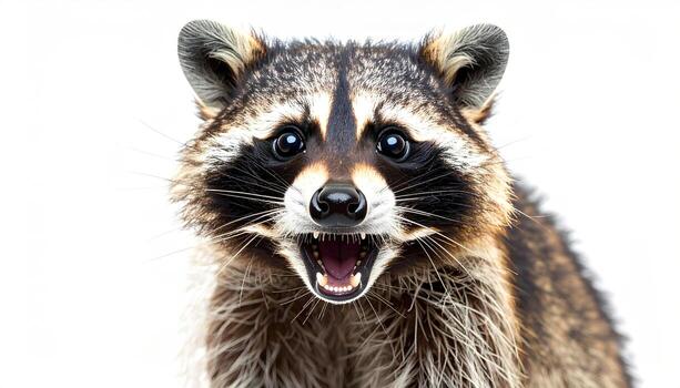 Close-up portrait of a raccoon with a wide-open mouth, showcasing its teeth and a playful expression against a plain white background. photo