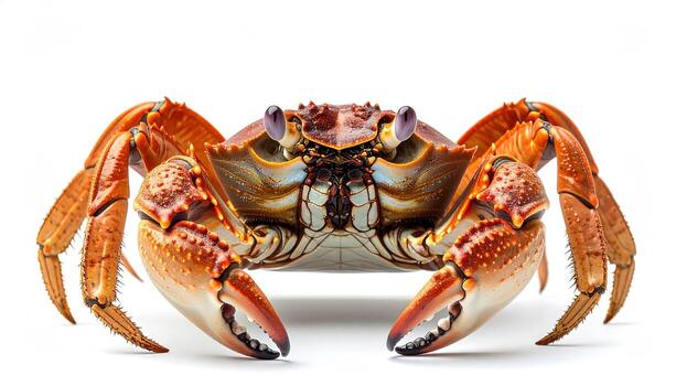 A detailed close-up of a vibrant, orange-red crab, showcasing its intricate shell patterns and powerful claws against a pristine white backdrop. photo