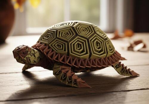 Close-up of a detailed patterned tortoise walking on a wooden surface with soft lighting illuminating its shell Origami Design photo