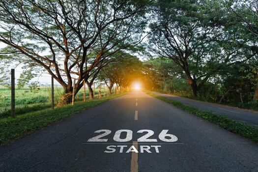 Inspirational Road to Future with Bright Horizon and Green Trees Symbolizing New Beginnings and Opportunities in 2026 on a Clear Path photo