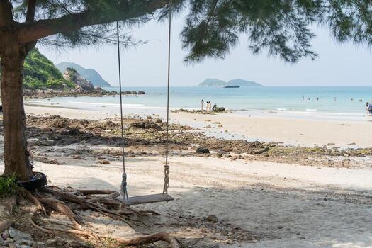 Tranquil Beach Landscape with Swing Under Tree on Sandy Shore Surrounded by Water and Mountains in Background on a Sunny Day photo