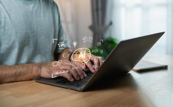 Person working on laptop with artificial intelligence concept, hands typing, casual setting, technology in focus, brainstorming ideas, creative process photo