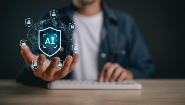 Person holding glowing globe with AI shield icon and data protection symbols, representing artificial intelligence and cybersecurity in modern technology photo