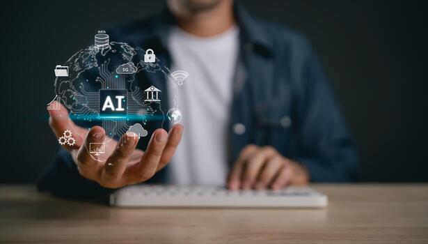 Futuristic Representation of Artificial Intelligence with Global Connectivity and Technology Icons, Hands, Digital Interface, and Data Security Elements photo