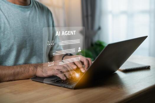 Man Using Laptop with AI Agent Interface for Digital Interaction and Automation in Home Workspace with Soft Natural Lighting and Minimalist Design photo