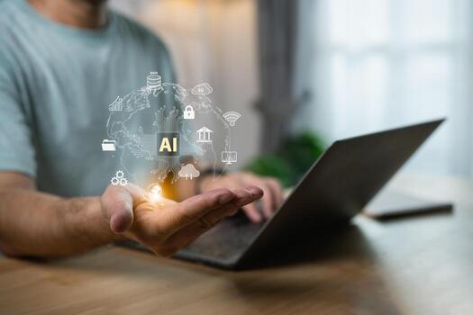 Man Using Laptop with Artificial Intelligence Icons in Hand and Digital World Background, Concept of Technology and Innovation in Modern Life photo