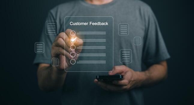 Close-up businessman hand professional individual engages with a smartphone, collecting customer feedback through a transparent survey interface, highlighting user interaction and modern technology. photo