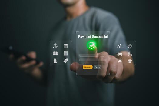 Close up Hand Man Using Smartphone to Confirm Payment with Virtual Interface Showing Successful Transaction and Digital Symbols in Modern Environment photo